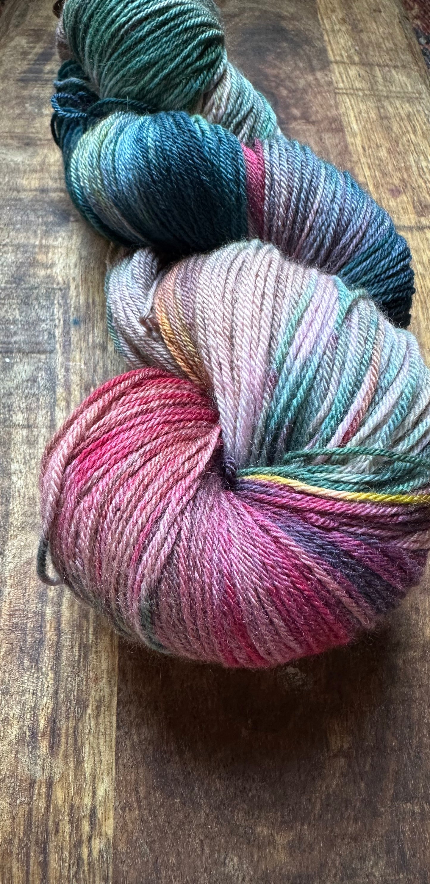 Variegated teal, pink chartreuse MCN fingering wool
