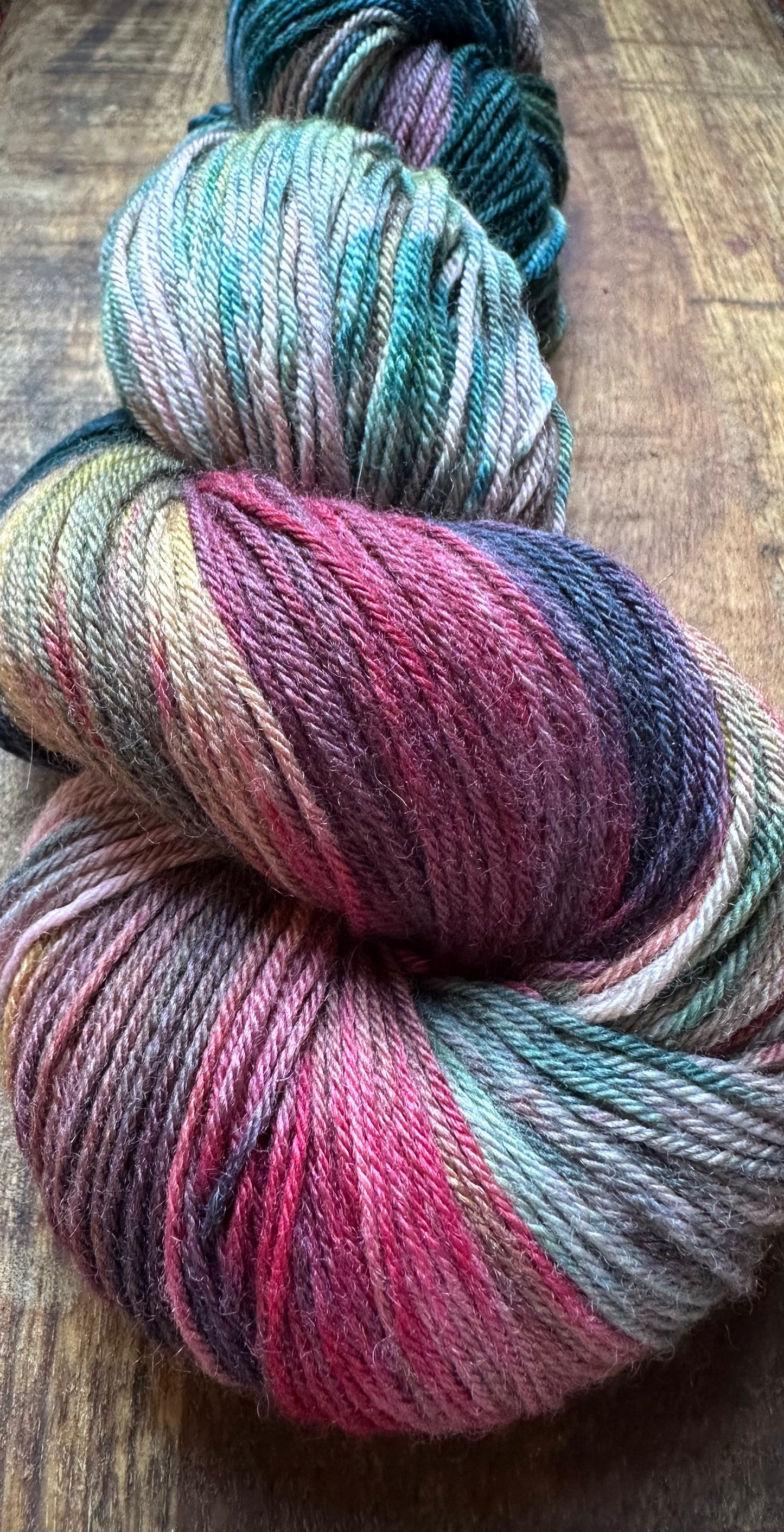 Variegated teal, pink chartreuse MCN fingering wool